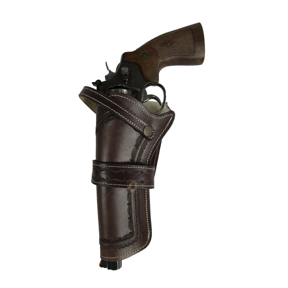 Leather Holster Long Barrel Western Gun Cover Spikes Tooled Brown - Left Handed