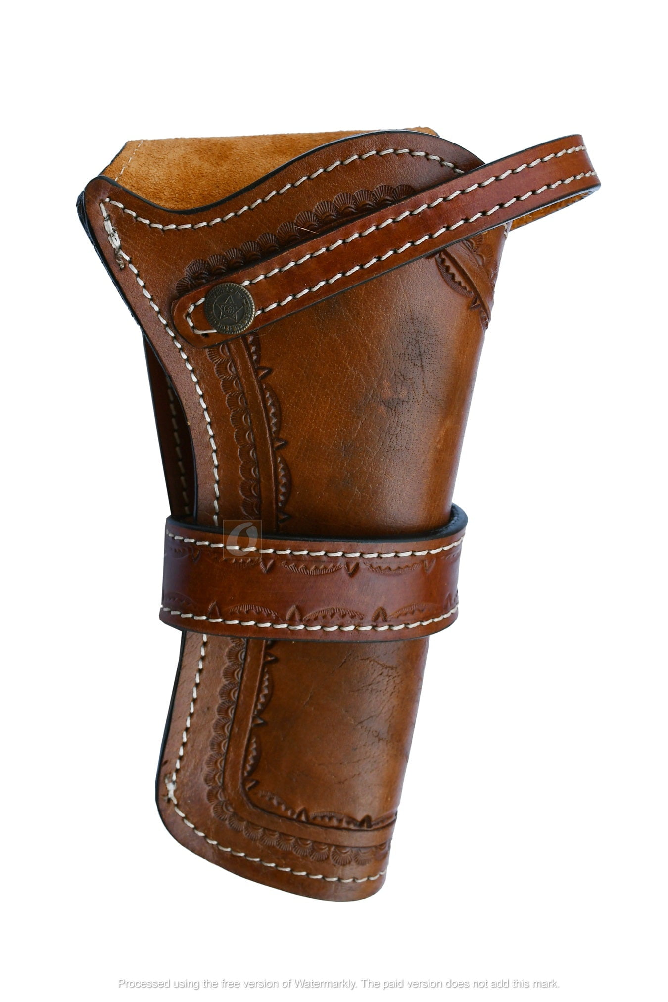 Leather Holster Long Barrel Western Gun Cover Spikes Tooled Tan - Right Handed
