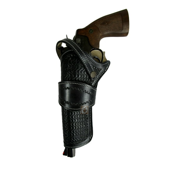 Leather Holster Long Barrel Western Gun Cover Wavy Black Color - Left Handed