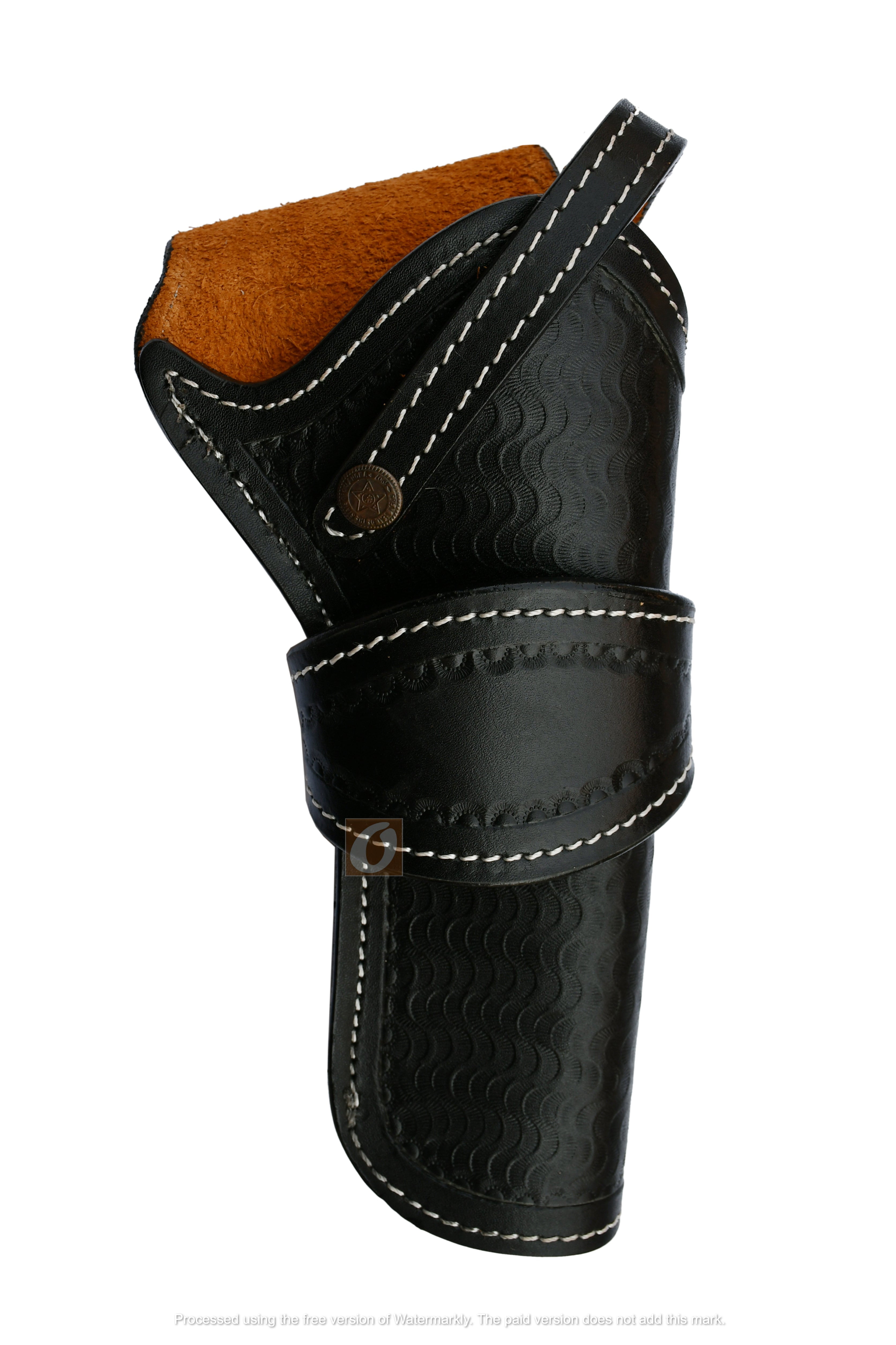 Leather Holster Long Barrel Western Gun Cover Wavy Black Color - Right Handed