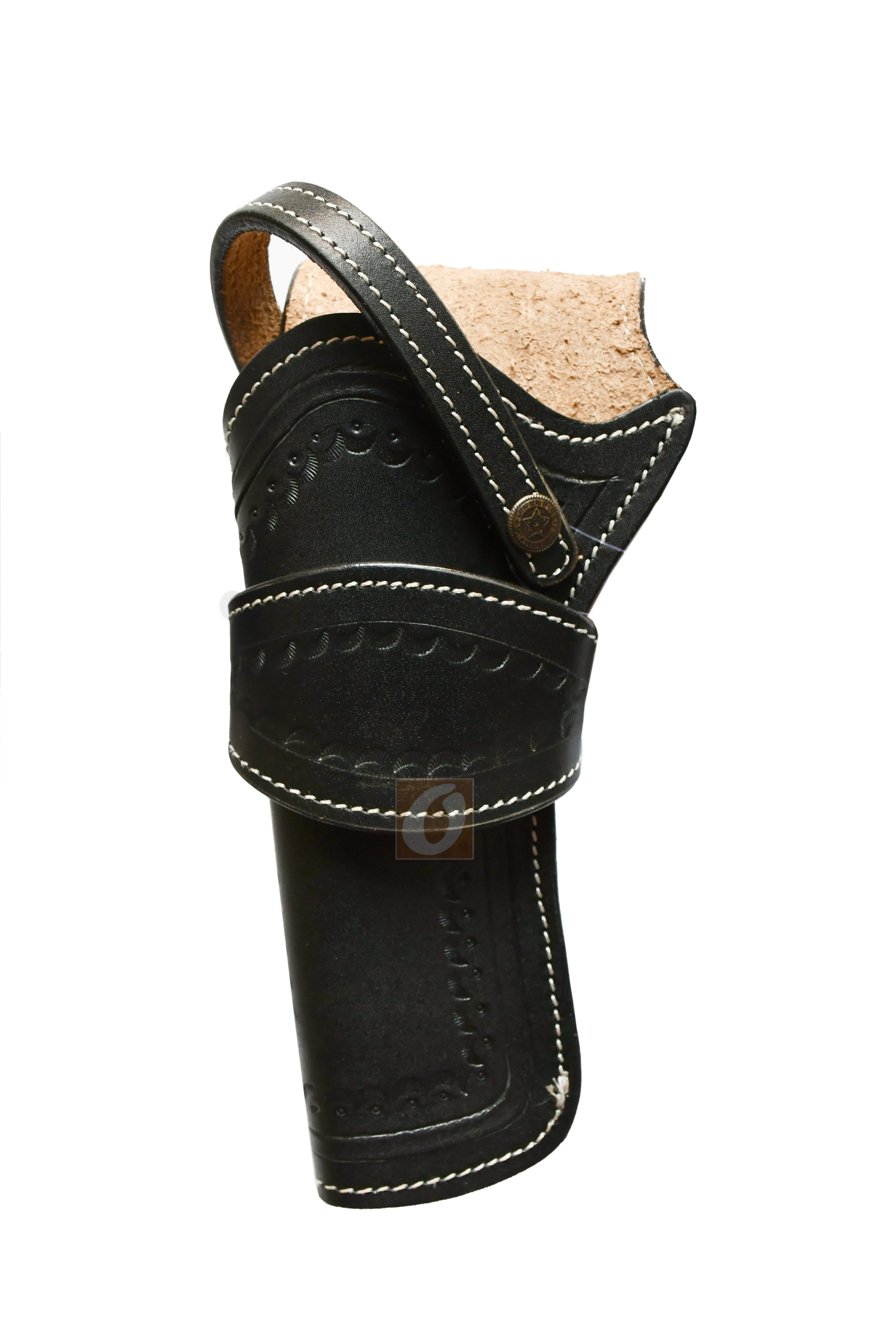Leather Holster Sea Shell Tooled Long Barrel Western Gun Cover Black Color - Left Handed