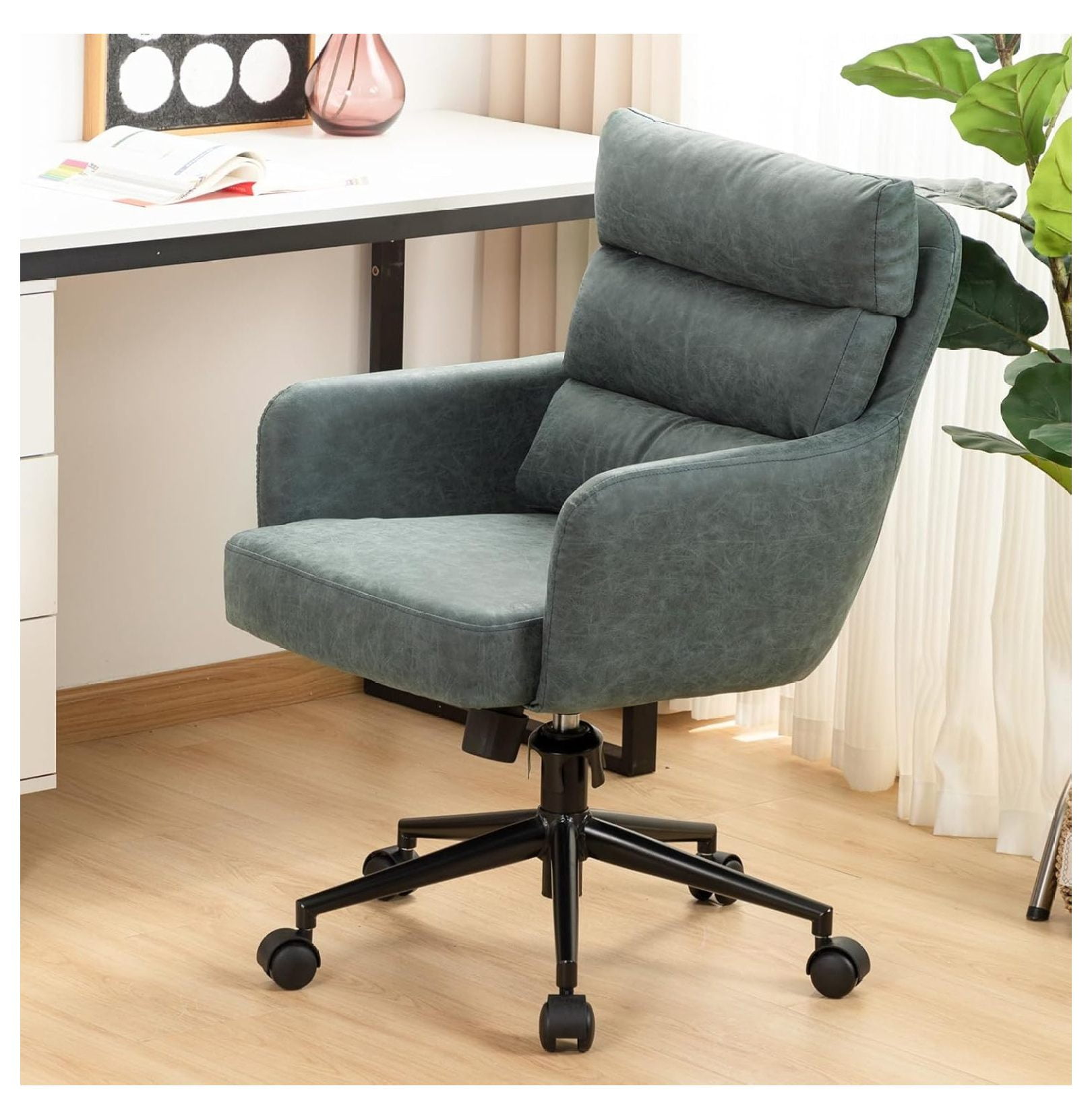 Leather Home Office Desk Chair, Small Comfy Faux Leather Office Chair