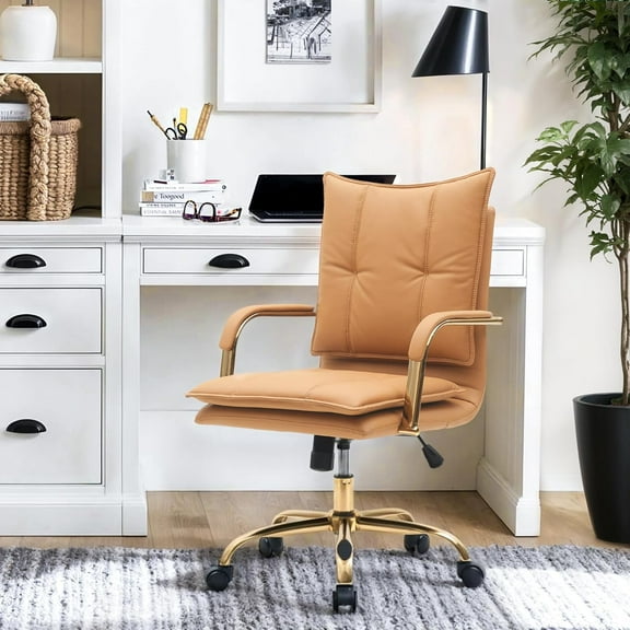 Leather Home Office Desk Chairs Comfy Office Chair, Mid-Back Adjustable Swivel Computer Chair with Golden Legs and Arms, Modern Upholstered Task Chair with Wheels, Camel