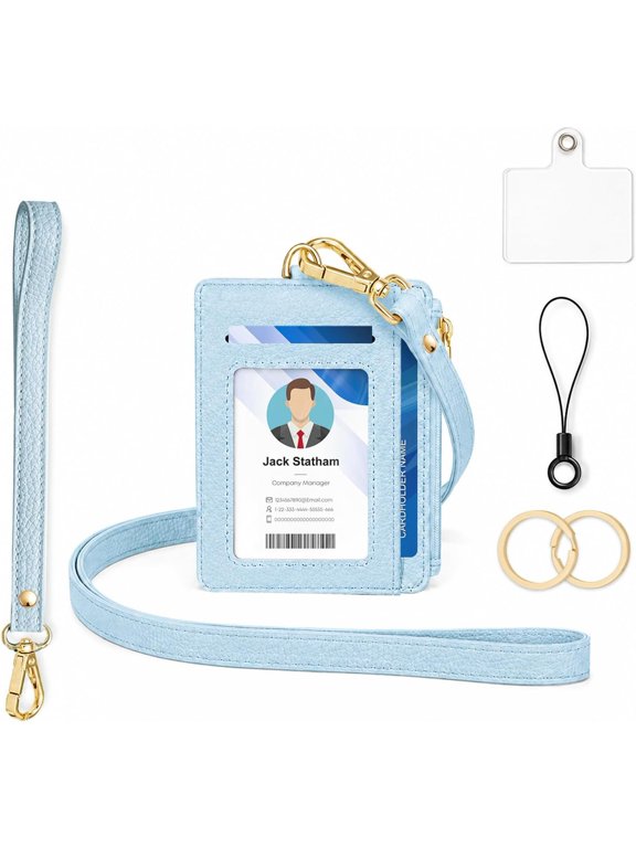 Leather ID Badge Holder & Lanyard Wallet Light Blue | 5-Card Storage,RFID Small Wallet Women Wristlet,Secure Zipper Pocket, to Last, Craftsmanship