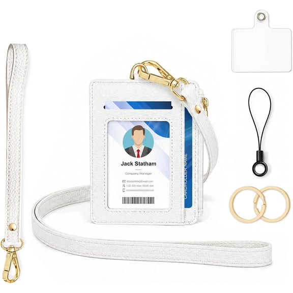 Leather ID Badge Holder & Lanyard Wallet White | 5-Card Storage,RFID Small Wallet Women Wristlet,Secure Zipper Pocket, to Last, Craftsmanship