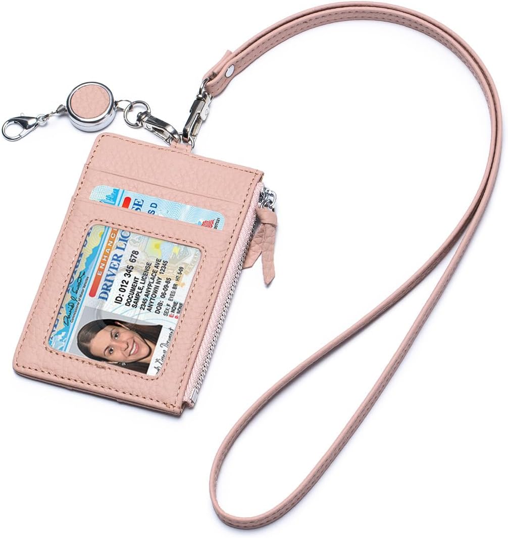 Leather ID Case with Lanyard, Minimalist Slim Badge Holder Card Wallet for Women & Men, Fashion ID Case with Clear Window, Zipper Pocket & Retractable Badge Reel
