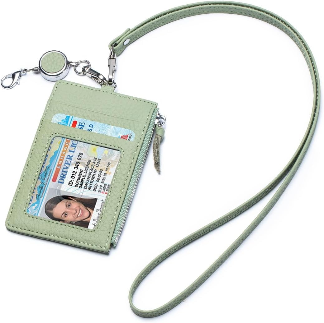 Leather ID Case with Lanyard, Minimalist Slim Badge Holder Card Wallet for Women & Men, Fashion ID Case with Clear Window, Zipper Pocket & Retractable Badge Reel