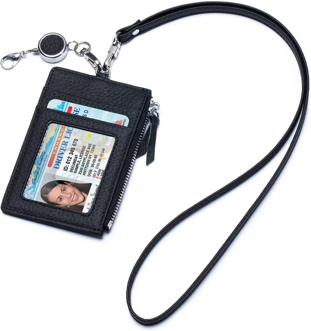 Leather ID Case with Lanyard, Minimalist Slim Badge Holder Card Wallet for Women & Men, Fashion ID Case with Clear Window, Zipper Pocket & Retractable Badge Reel