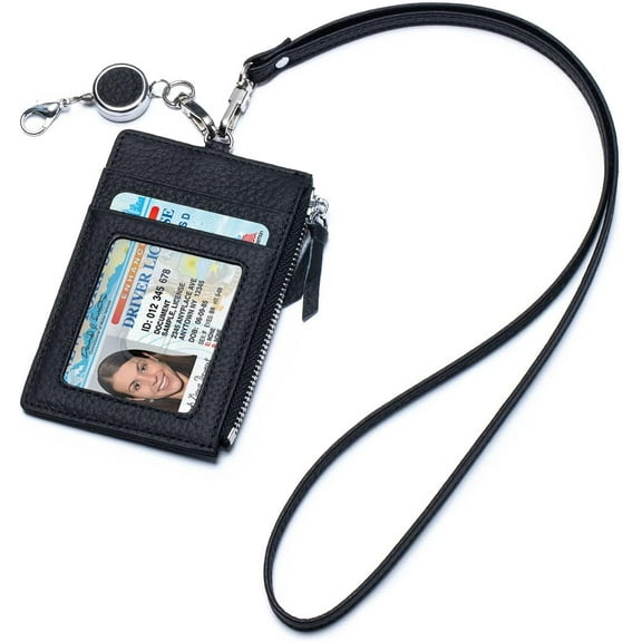 Leather ID Case with Lanyard, Minimalist Slim Badge Holder Card Wallet for Women & Men, Fashion ID Case with Clear Window, Zipper Pocket & Retractable Badge Reel