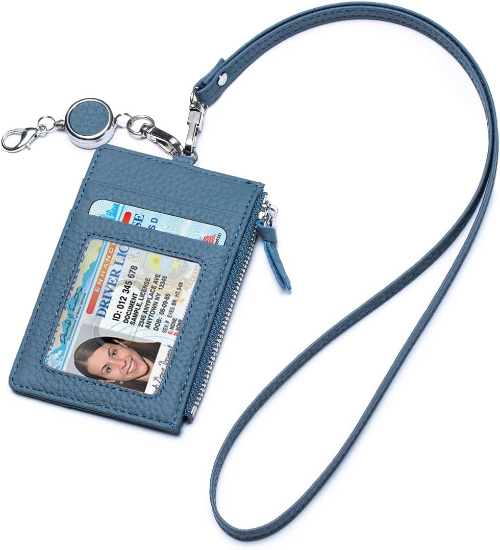 Leather ID Case with Lanyard, Minimalist Slim Badge Holder Card Wallet for Women & Men, Fashion ID Case with Clear Window, Zipper Pocket & Retractable Badge Reel