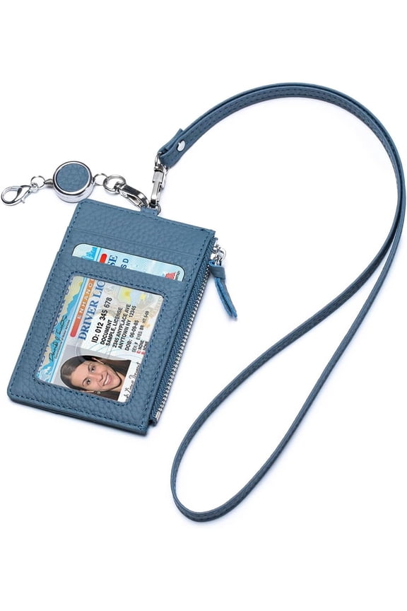 Leather ID Case with Lanyard, Minimalist Slim Badge Holder Card Wallet for Women & Men, Fashion ID Case with Clear Window, Zipper Pocket & Retractable Badge Reel