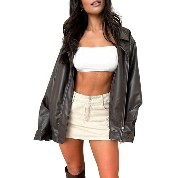 Leather Jacket Female Faux Oversized Motorcycles Bombers Coats Fall Fashion Outfits Winter Coats Coffee M