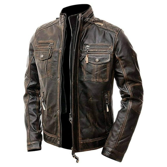 Leather Jacket Men Biker Vintage Cafe Distressed Cowhide Style Motorcycle Brown Genuine Leather Jacket