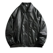 Leather Jacket Men Casual Long Sleeve Zip Up Outerwear Coat with Pockets Slim Fit Biker Motorcycle Jackets, Black, XL