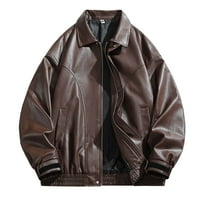 Leather Jacket Men Casual Long Sleeve Zip Up Outerwear Coat with Pockets Slim Fit Biker Motorcycle Jackets, Brown, 3XL