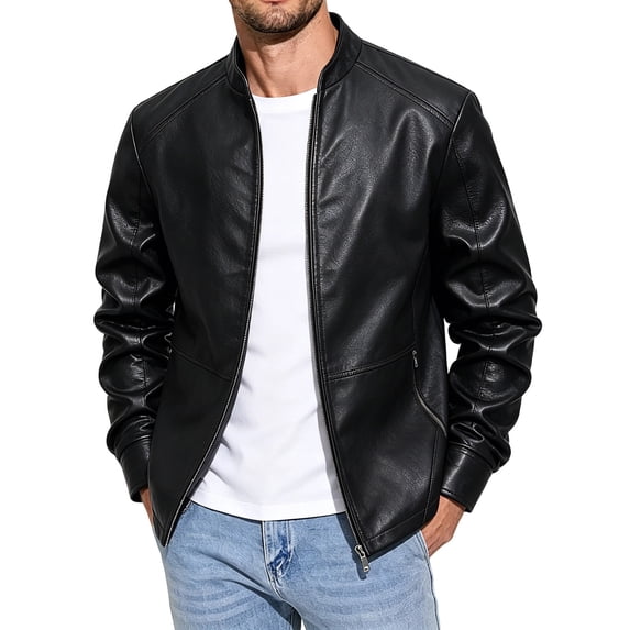 Leather Jacket Men Faux Leather Jackets Winter Fall Zipper Stand Collar Waterproof Windproof Bomber Jacket Casual Long Sleeved Biker Coat