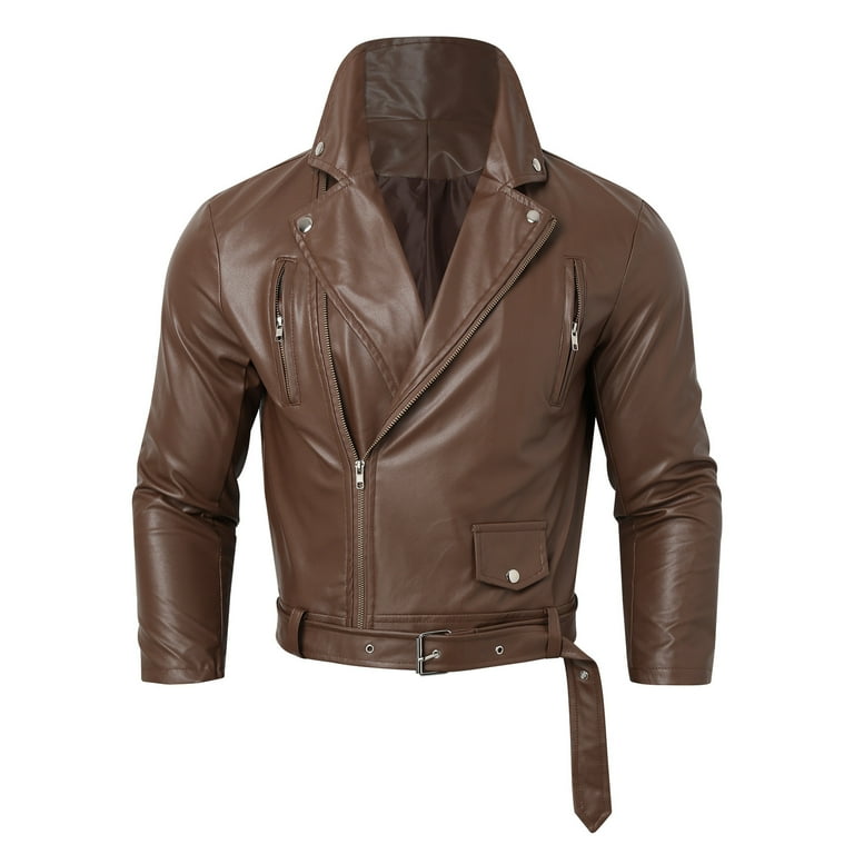 Leather Jacket Men Men s Fashion Leather Jacket Motorcycle Biker Riding Leather Jacket Windproof Rain Zip Up Belt Solid Color Design Jacket Leather Chamarras Para Hombre Brown XL Walmart