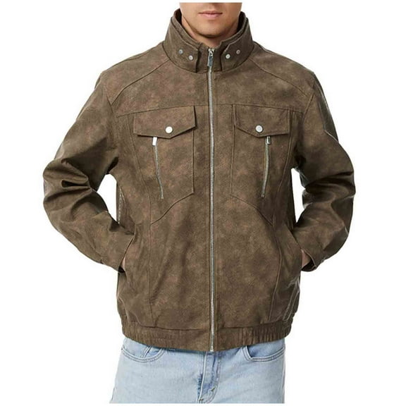 Leather Jacket Men, Men's Solid Color Fashionable Lapel Leather-Like Jacket with Zipper, Buttons, Pockets & Long-Sleeve Hoodless, Faux Leather Jacket