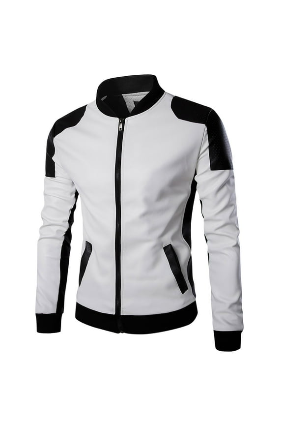 Leather Jacket Men Motorcycle Clearance On Sale Men's Fashion Casual Solid Color Zipper Pockets Long Sleeve Hoodless Casual Outwear White L