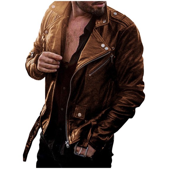 Leather Jacket Men Motorcycle On Man Fashion Solid Color Leather Leisure Tops Loose Coat Cultivate Oneself Zipper Leather Jacket Brown XXXXL