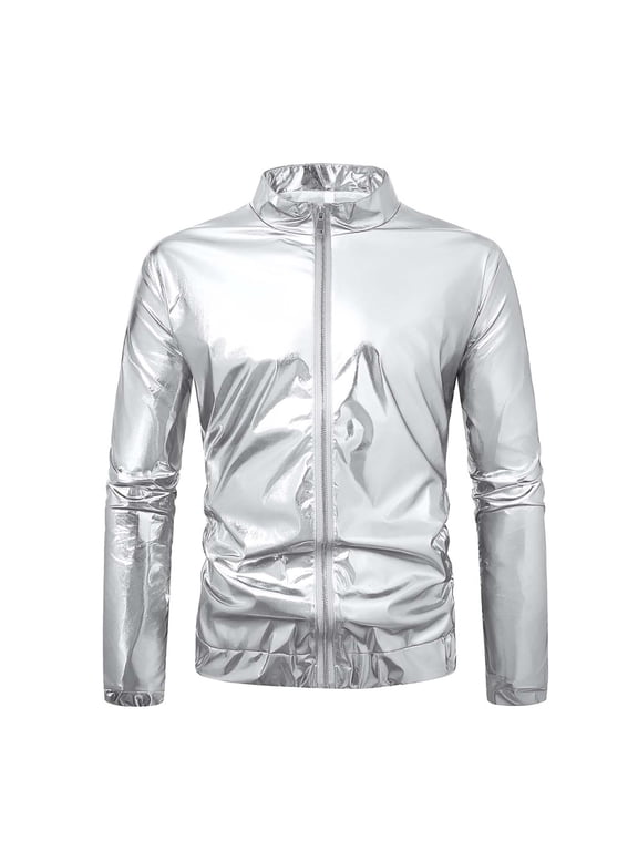 Leather Jacket Men Sevevn Men's Metallic Jacket 70s Disco Party Varsity Zip-Up Bomber Jacket