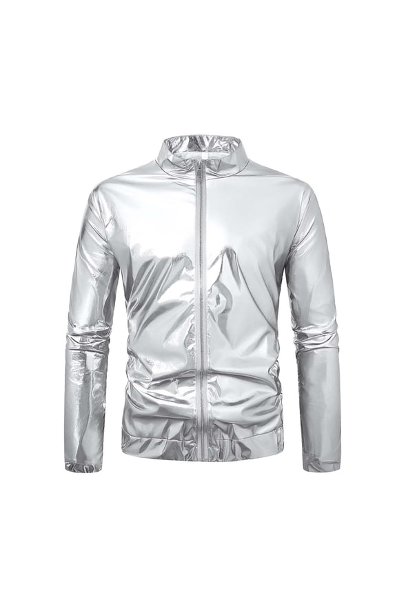 Leather Jacket Men Sevevn Men's Metallic Jacket 70s Disco Party Varsity Zip-Up Bomber Jacket