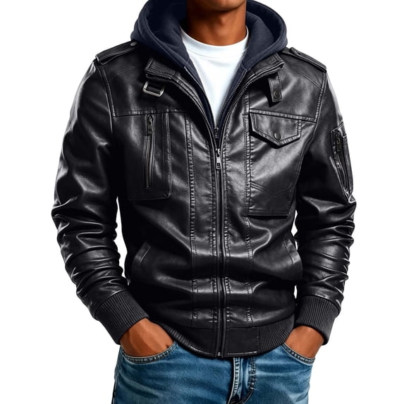 Leather Jacket Men, Vintage Motorcycle Zip up Faux Leather Jacket, Waterproof Biker PU Coat Winter