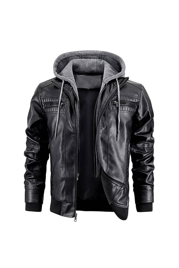 Leather Jacket, Men's PU Leather Hooded Jacket Motorcycle Style Jacket Windproof Zippered Pockets Casual Outerwear Coat For Everyday Wear(a Black,M)