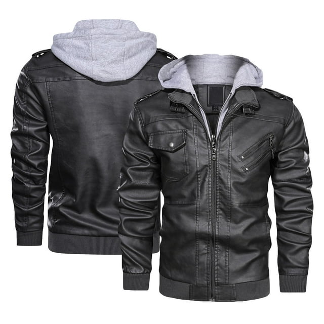 Leather Jacket Men's Slim Hooded Jacket Plush Thickened Leather Jacket