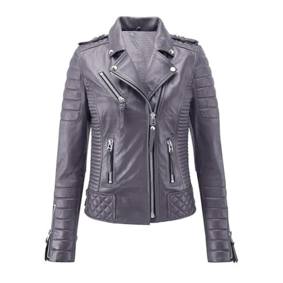 Leather Jacket Motorcycle Bomber Biker Genuine Lambskin Leather Jacket for Women (US, Alpha, Large, Regular, Regular, Gray)