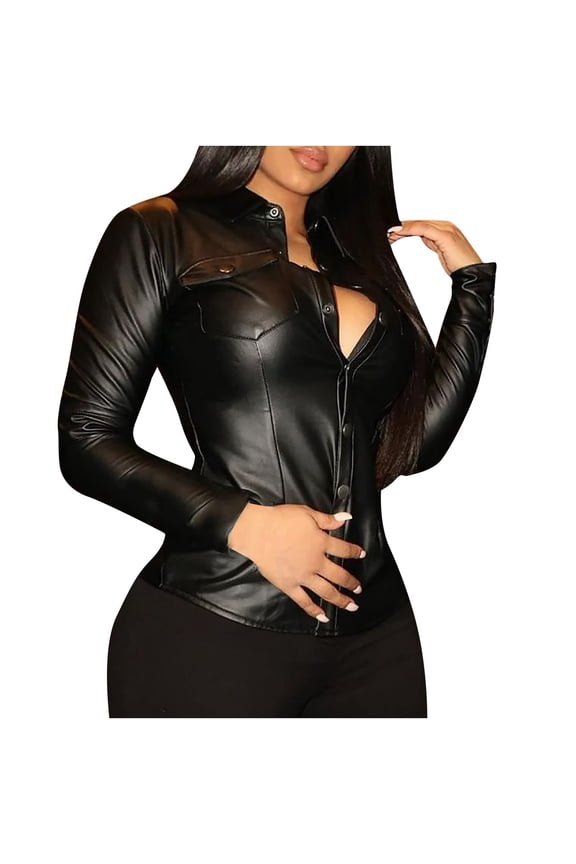 Leather Jacket PU Snap Button Down Shirt Shacket Long Sleeve Motorcycle Fashion Jacket Tops