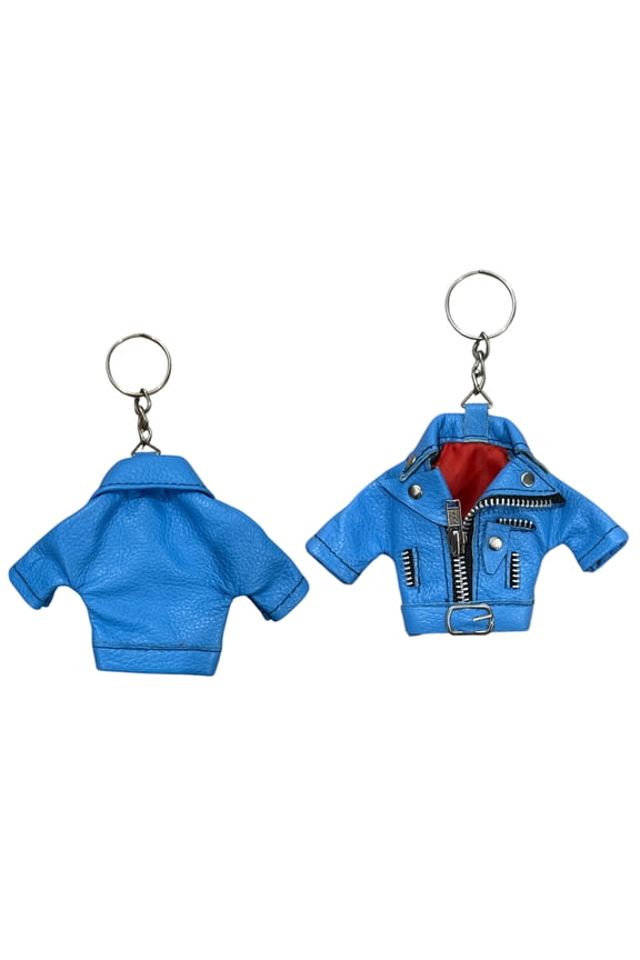 Leather Jacket Tiny Keychain Napa Leather With Red Lining Key Chain Blue