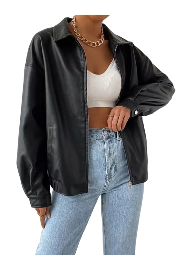 Leather Jacket Top Motorcycle Leather Jacket for Women Solid Lapel Collar Jacket Womens M