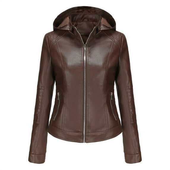Leather Jacket for Women Biker Style Vintage Leather Jacket with Hood (detachable) Women Fashion Motorcycle Zip-Up Lightweight Coat Collar Women Leather Jacket