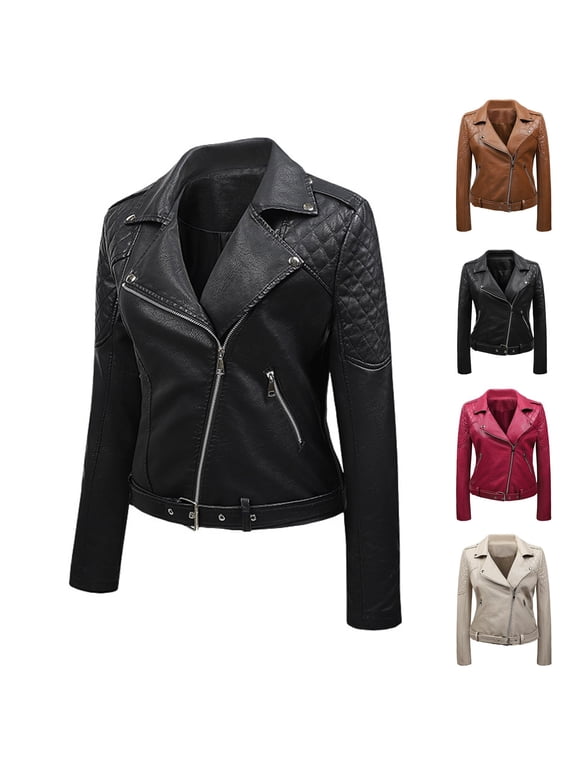 Leather Jacket for Women Biker Style Vintage Leather Jacket Women Casual Fashion Motorcycle Zip-Up Lightweight Coat Collar Women Leather Jacket Bomber Jacket Women