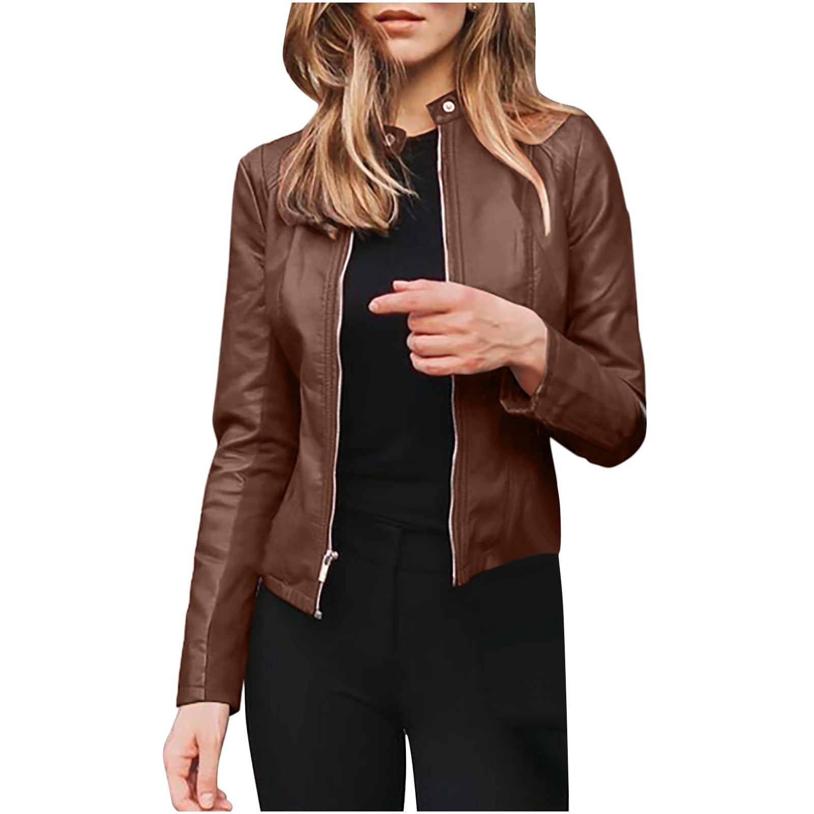 Leather Jacket Women Cropped Jackets Moto Coat Open Front Zip Up