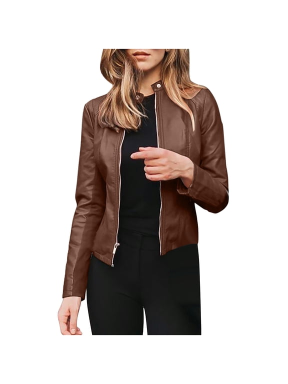 Leather Jacket Women Cropped Jackets Moto Coat Open Front Zip Up Stand Collar Cardigan Slim Motorcycle PU Biker Outwear