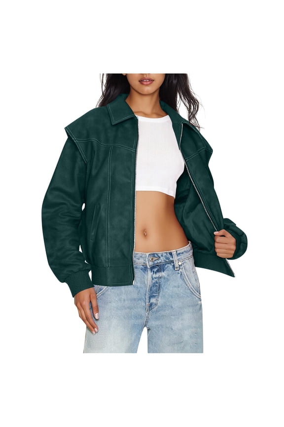 Leather Jacket Women Fashion Loose Solid Color Pocket Long Sleeve Vintage PU Leather Jacket For An Edgy Everyday Look Jean Jacket