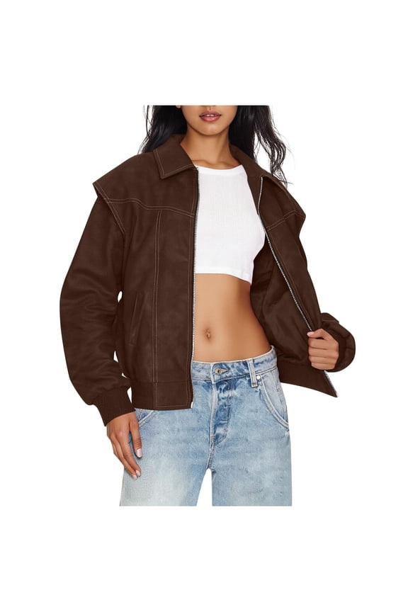 Leather Jacket Women Fashion Loose Solid Color Pocket Long Sleeve Vintage PU Leather Jacket For An Edgy Everyday Look Jean Jacket