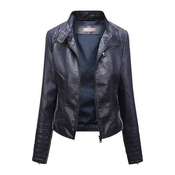 Leather Jacket Women Faux Oversized Motorcycle Bomber Coats Womens Solid Color Short Zipper Casual Jacke TLong Sleeve Hoodless Cardigan Tops Dark Blue XXXL