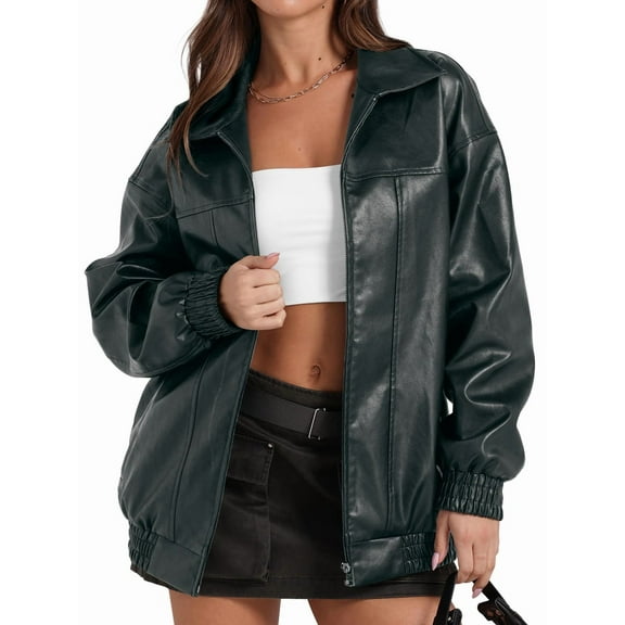 Leather Jacket Women Faux Oversized Coats 2025 Fall Fashion Outfits Winter Clothes Dark Green M