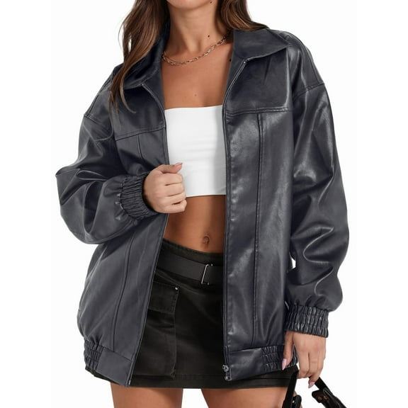 Leather Jacket Women Faux Oversized Coats 2025 Fall Fashion Outfits Winter Clothes Grey L