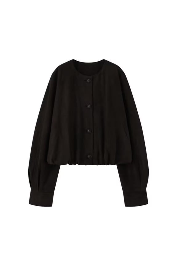 Leather Jacket Women Sevevn Women's Cropped Faux Suede Jacket Crew Neck Button Down Outerwear Long Sleeve Oversized Bomber Jacket