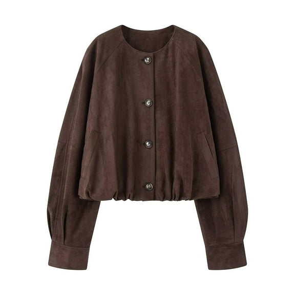 Leather Jacket Women Sevevn Women's Cropped Faux Suede Jacket Crew Neck Button Down Outerwear Long Sleeve Oversized Bomber Jacket