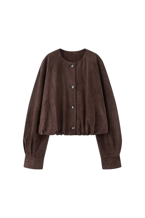 Leather Jacket Women Sevevn Women's Cropped Faux Suede Jacket Crew Neck Button Down Outerwear Long Sleeve Oversized Bomber Jacket