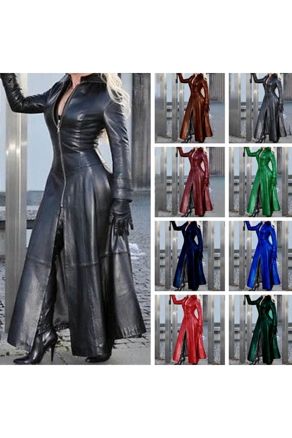 Leather Jacket for Women Zpanxa Women Long Leather Coat, Slim Moto Biker Long Leather, Fashion Winter Faux Leather Windbreaker Coat with Pockets Black XXL