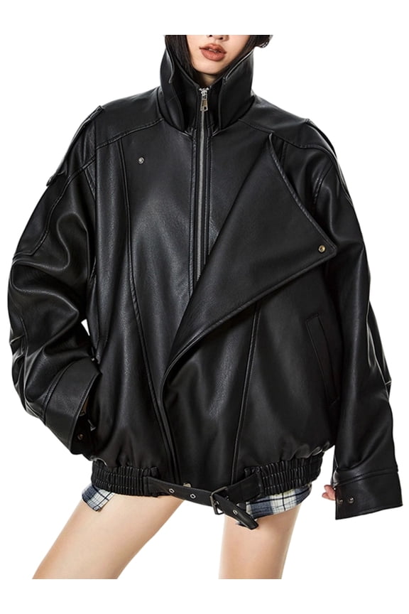 Leather Jacket Womens Retro PU Faux Leather Short Jacket with Belt Streetwear Zipper Moto Biker Coat Outwear