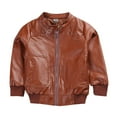 thumbnail image 1 of Leather Jacket for Kids Crew Neck Soild Color Print Zip Up Faux Boys and Girls Coats with Pockets(3 Years 110,Brown), 1 of 4