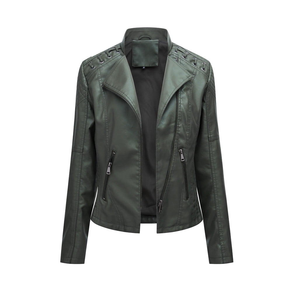 Leather Jacket for Women Casual Solid Color Pu Biker Coat Lapel Zip Up Jacket Faux Leather Moto Jacket with Pockets Jackets for Women