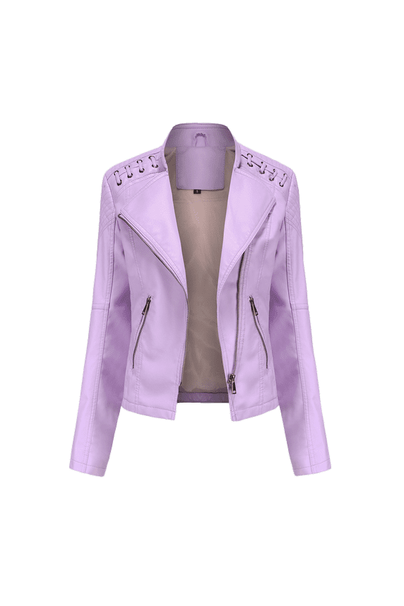 Leather Jacket for Women Casual Solid Color Pu Biker Coat Lapel Zip Up Jacket Faux Leather Moto Jacket with Pockets Jackets for Women